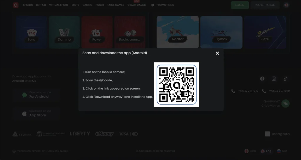 Website popup window prompting users to scan a QR code to download the Android app, with step-by-step instructions and a QR code displayed on the right side.